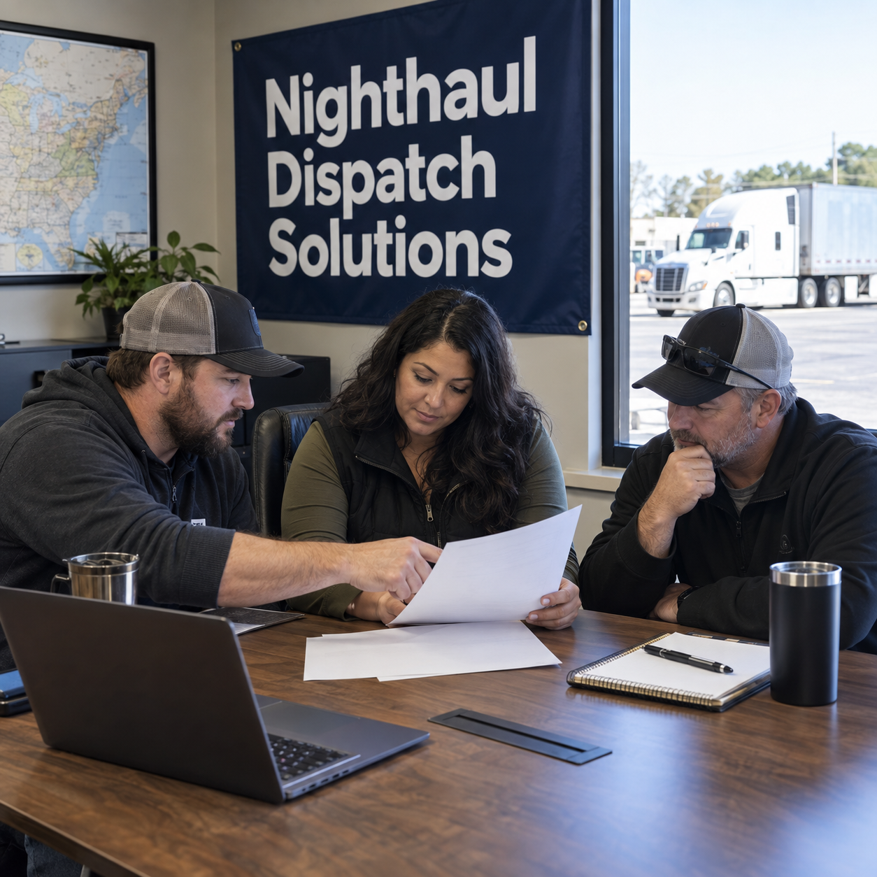 Illustrative NightHaul team reviewing paperwork together in a transportation office